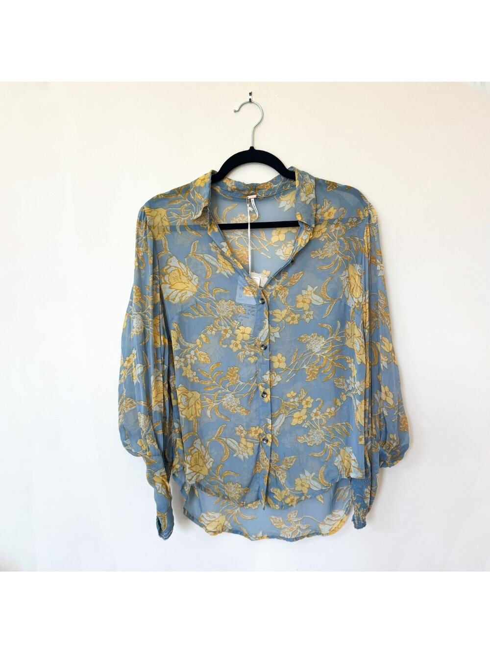 NWT Free People Bali Floral Sheer Button Down Blouse Blue Size M Artisan Boho